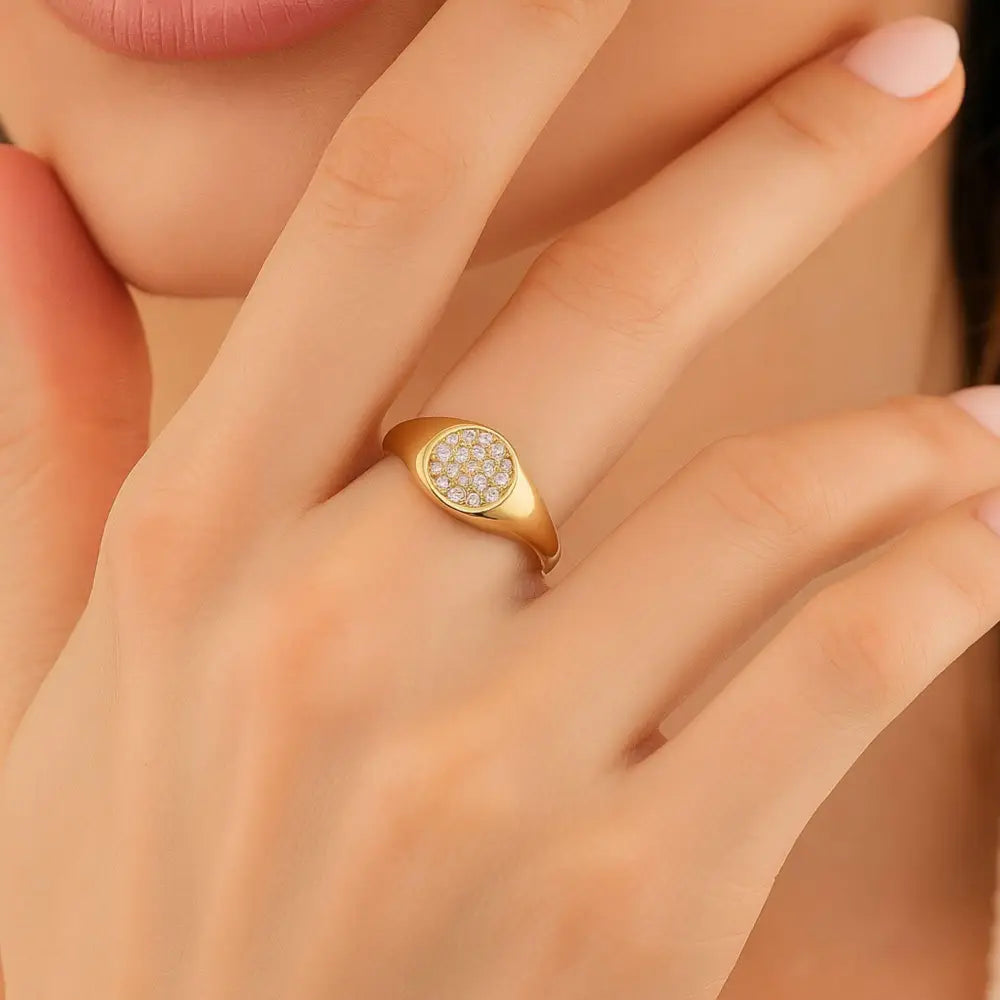 14K Gold Signet Ring Pavé Cubic Zirconia Diamond Flat Bar Ring for Women