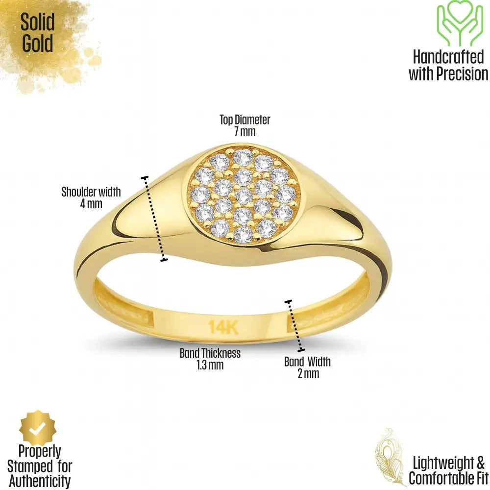 14K Gold Signet Ring Pavé Cubic Zirconia Diamond Flat Bar Ring for Women