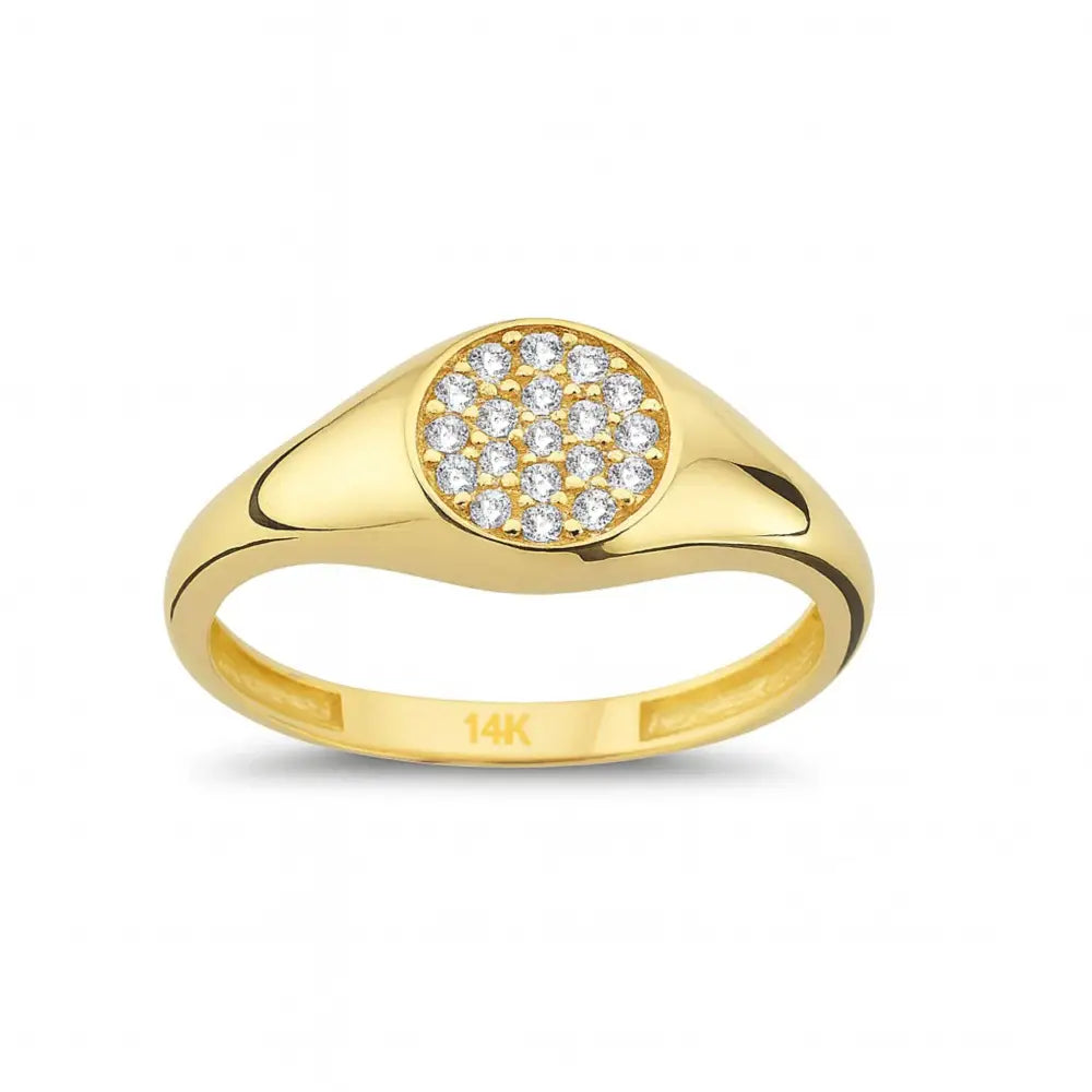 14K Gold Signet Ring Pavé Cubic Zirconia Diamond Flat Bar Ring for Women