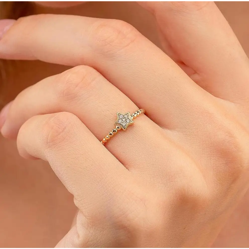 14K Gold Star Diamond Ring Handmade Beaded Band with Pave Star Elegant Jewelry