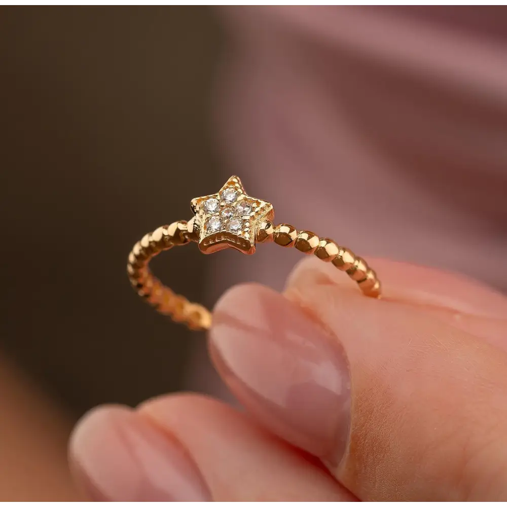 14K Gold Star Diamond Ring Handmade Beaded Band with Pave Star Elegant Jewelry