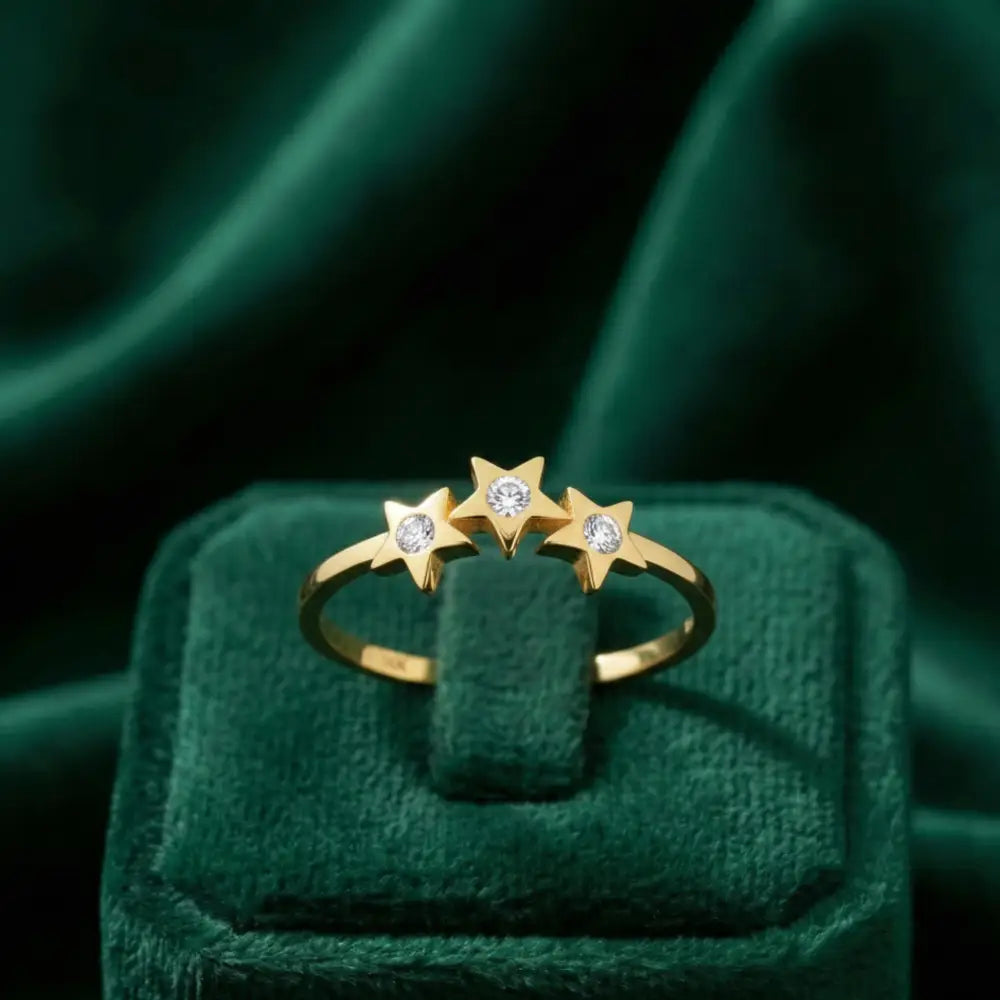 14K Gold Star Ring Three CZ Stone Accent Stars Elegant Adjustable Jewelry for Women