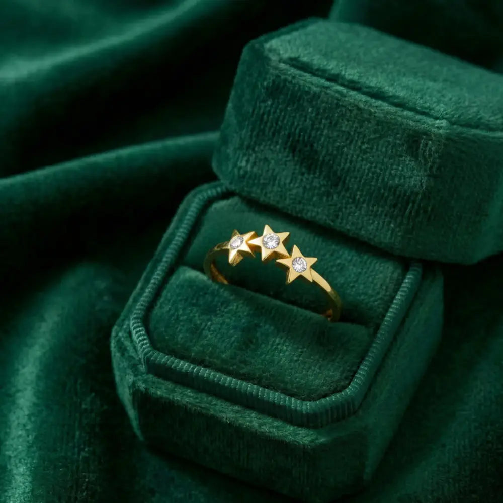 14K Gold Star Ring Three CZ Stone Accent Stars Elegant Adjustable Jewelry for Women