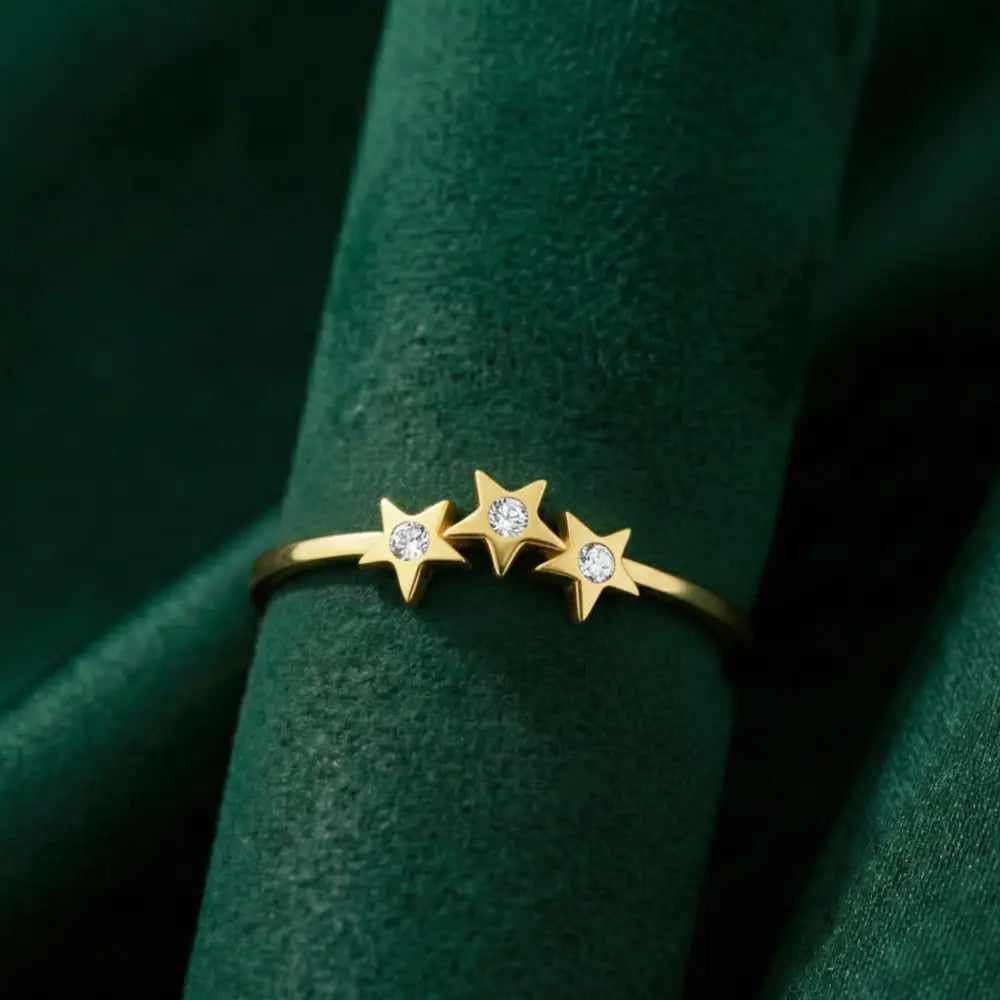 14K Gold Star Ring Three CZ Stone Accent Stars Elegant Adjustable Jewelry for Women