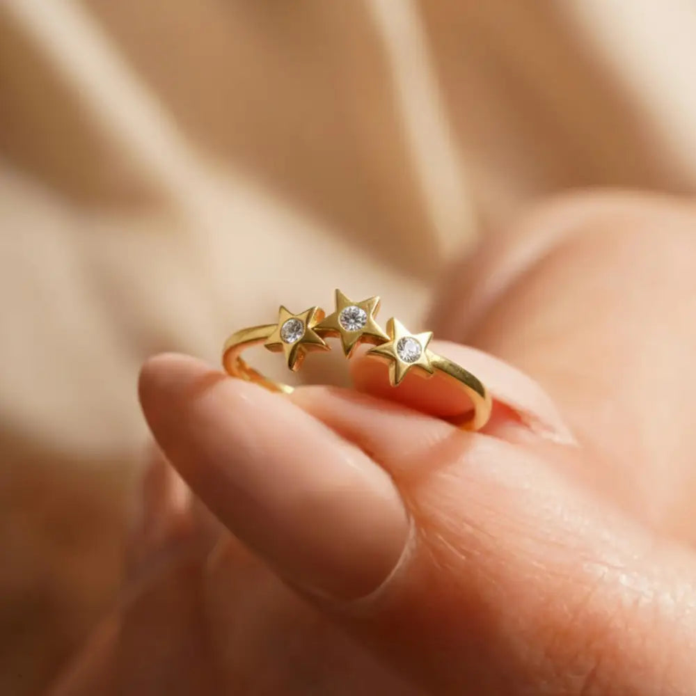 14K Gold Star Ring Three CZ Stone Accent Stars Elegant Adjustable Jewelry for Women