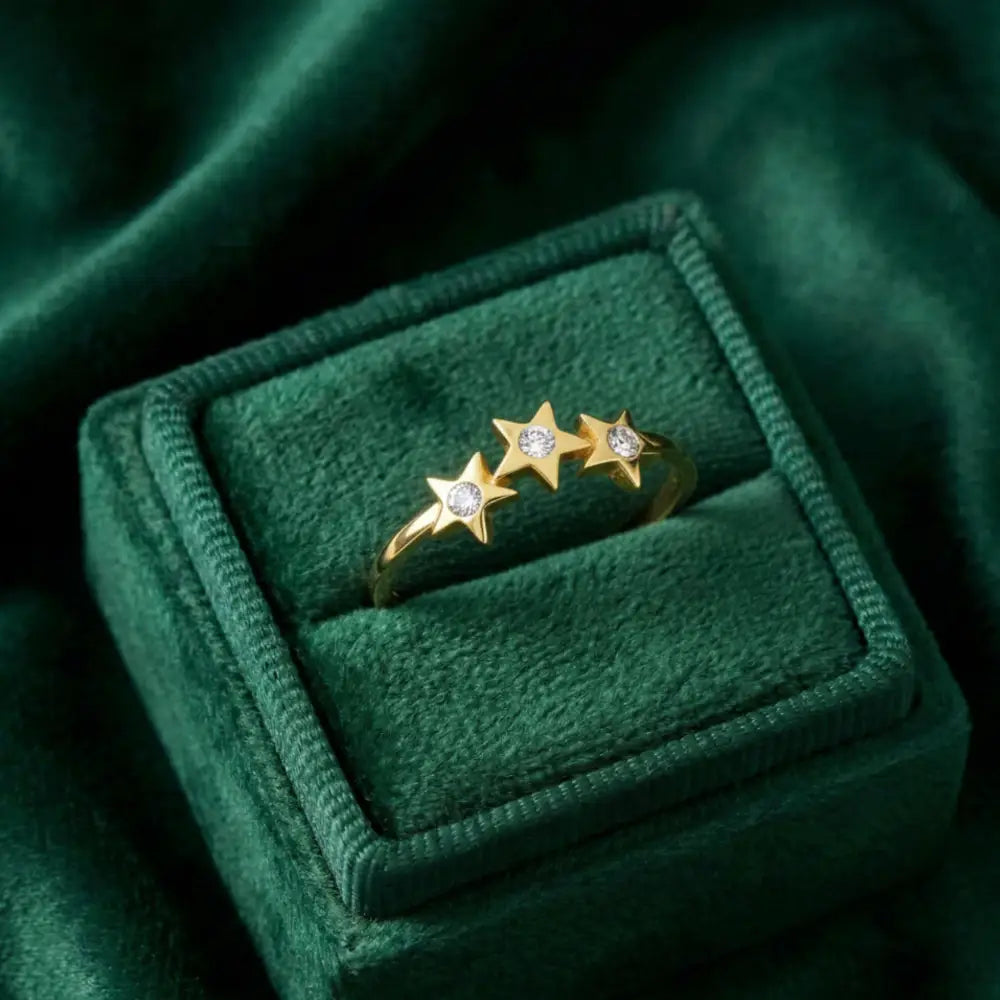 14K Gold Star Ring Three CZ Stone Accent Stars Elegant Adjustable Jewelry for Women