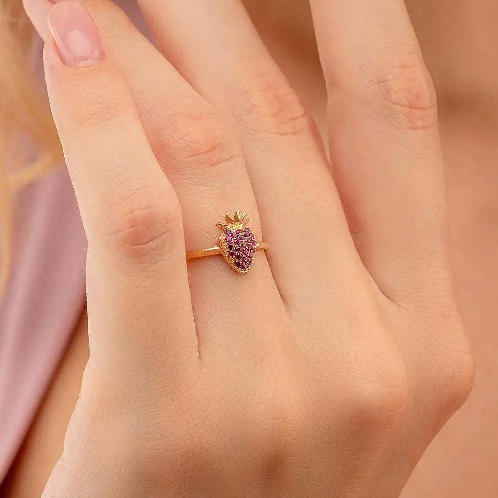 14K Gold Strawberry Ring Red Gemstone Pavé Handmade Fruit Jewelry Sweet Dainty Gift