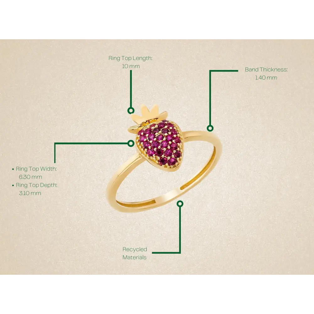 14K Gold Strawberry Ring Red Gemstone Pavé Handmade Fruit Jewelry Sweet Dainty Gift