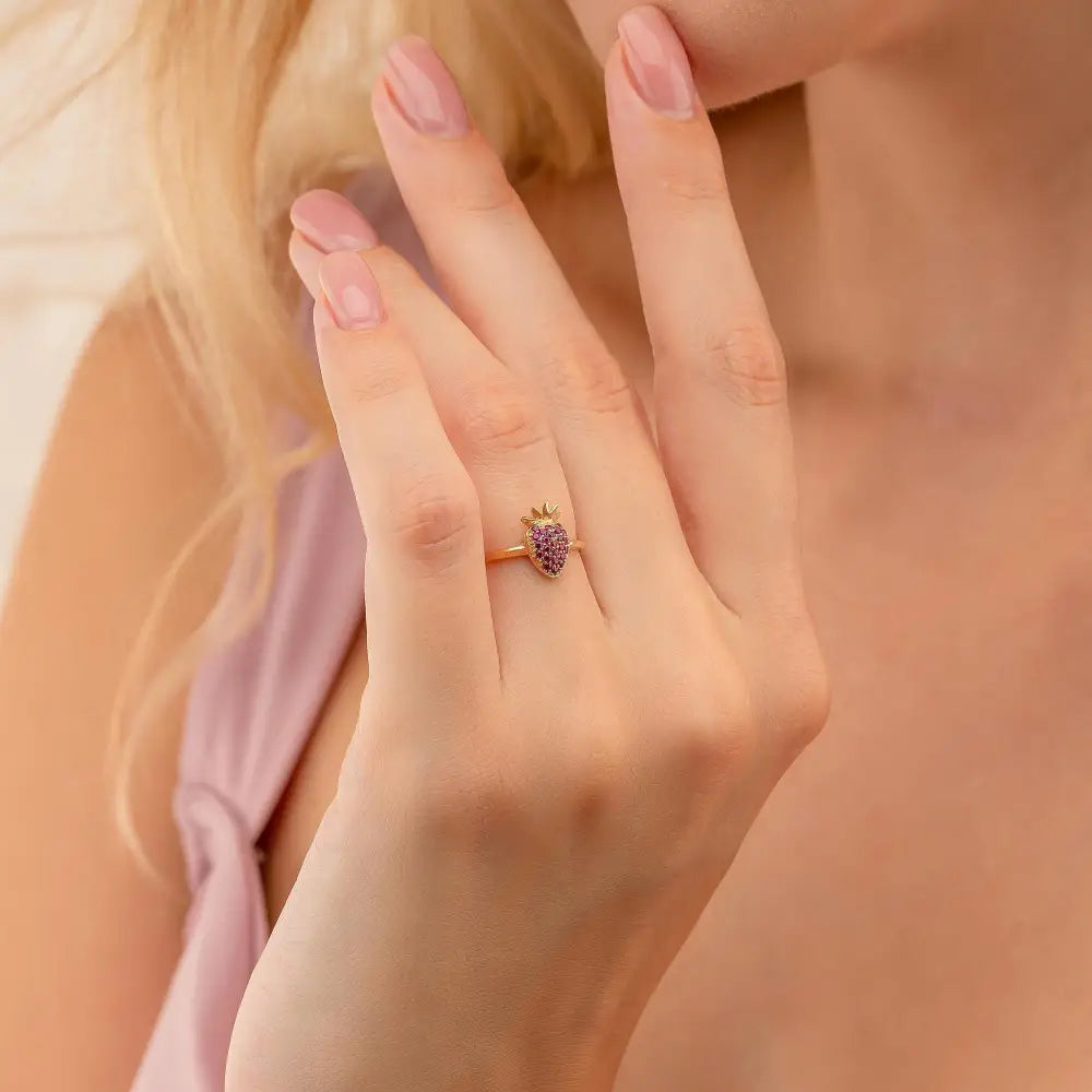 14K Gold Strawberry Ring Red Gemstone Pavé Handmade Fruit Jewelry Sweet Dainty Gift