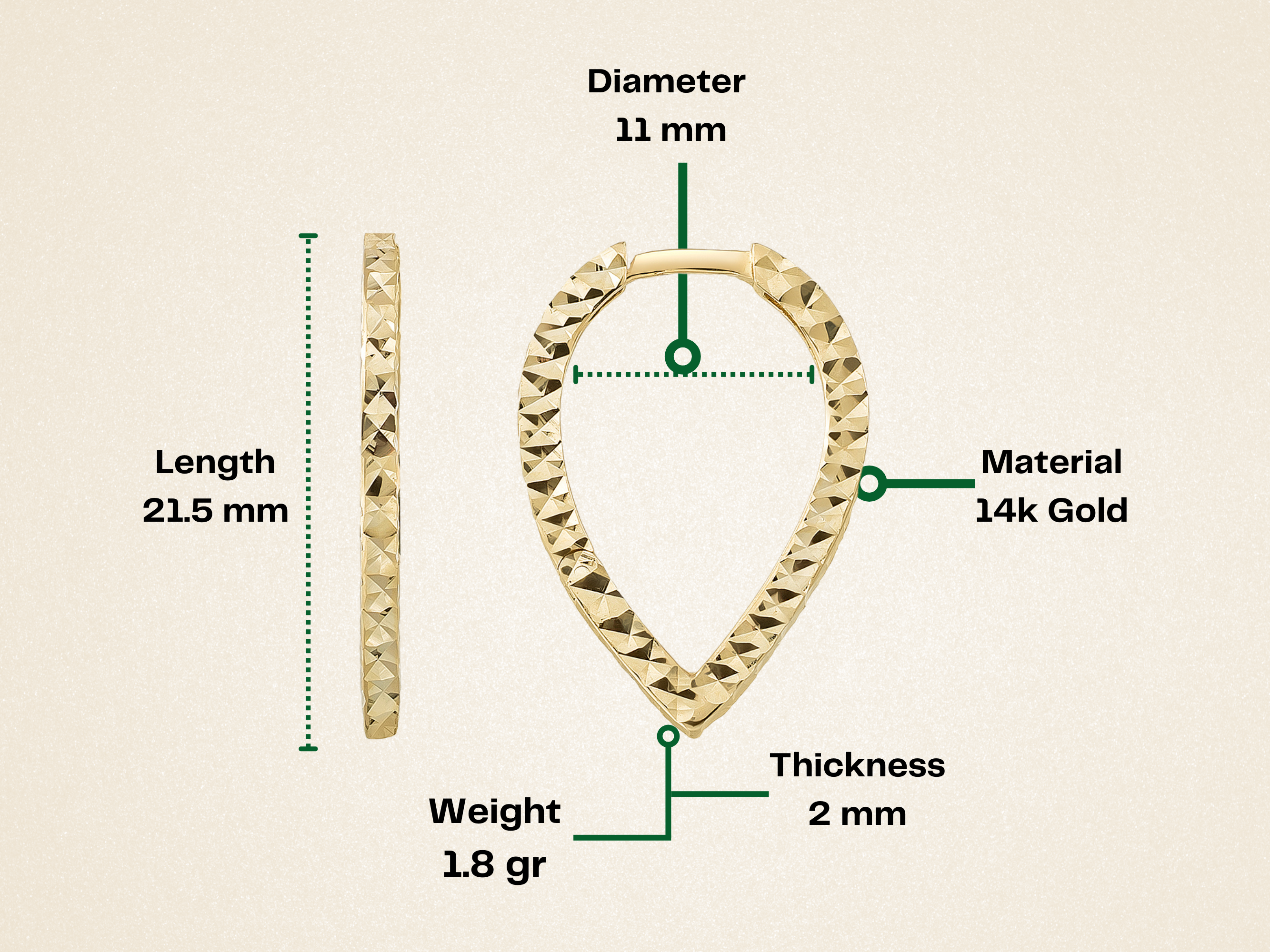 14K Gold Teardrop Triangle Hoop Earrings – Hinged Huggies Diamond Cut - Hoop Earrings