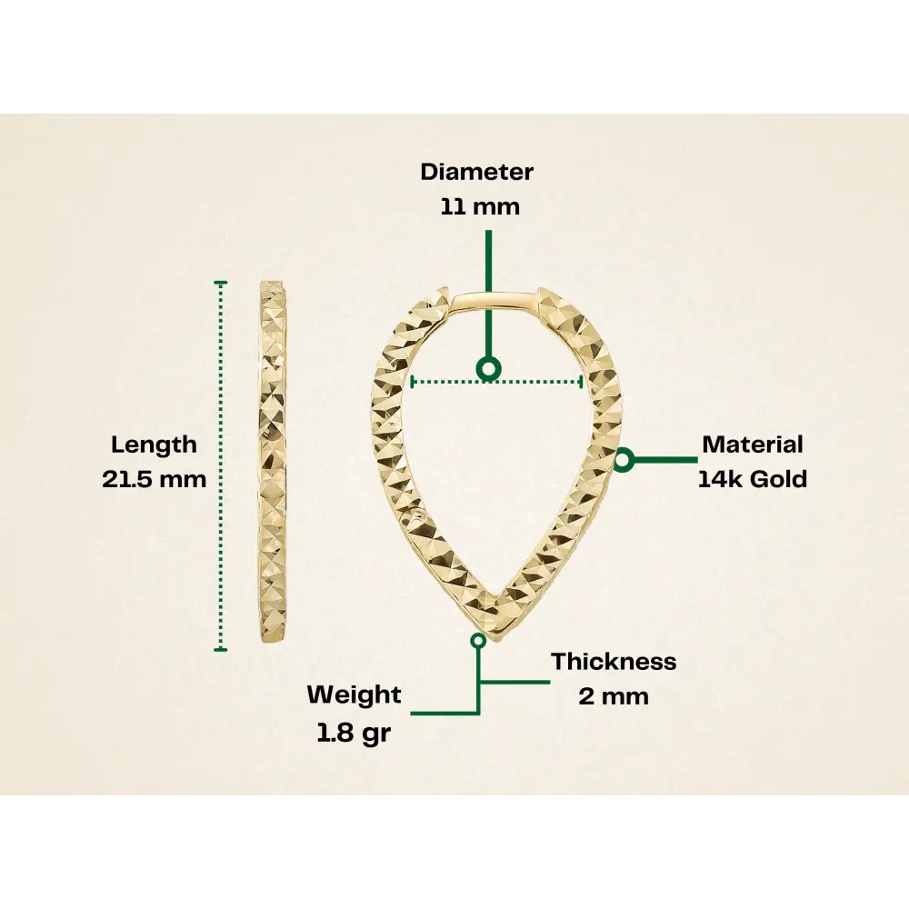 14K Gold Teardrop Triangle Hoop Earrings – Hinged Huggies Diamond Cut - Hoop Earrings