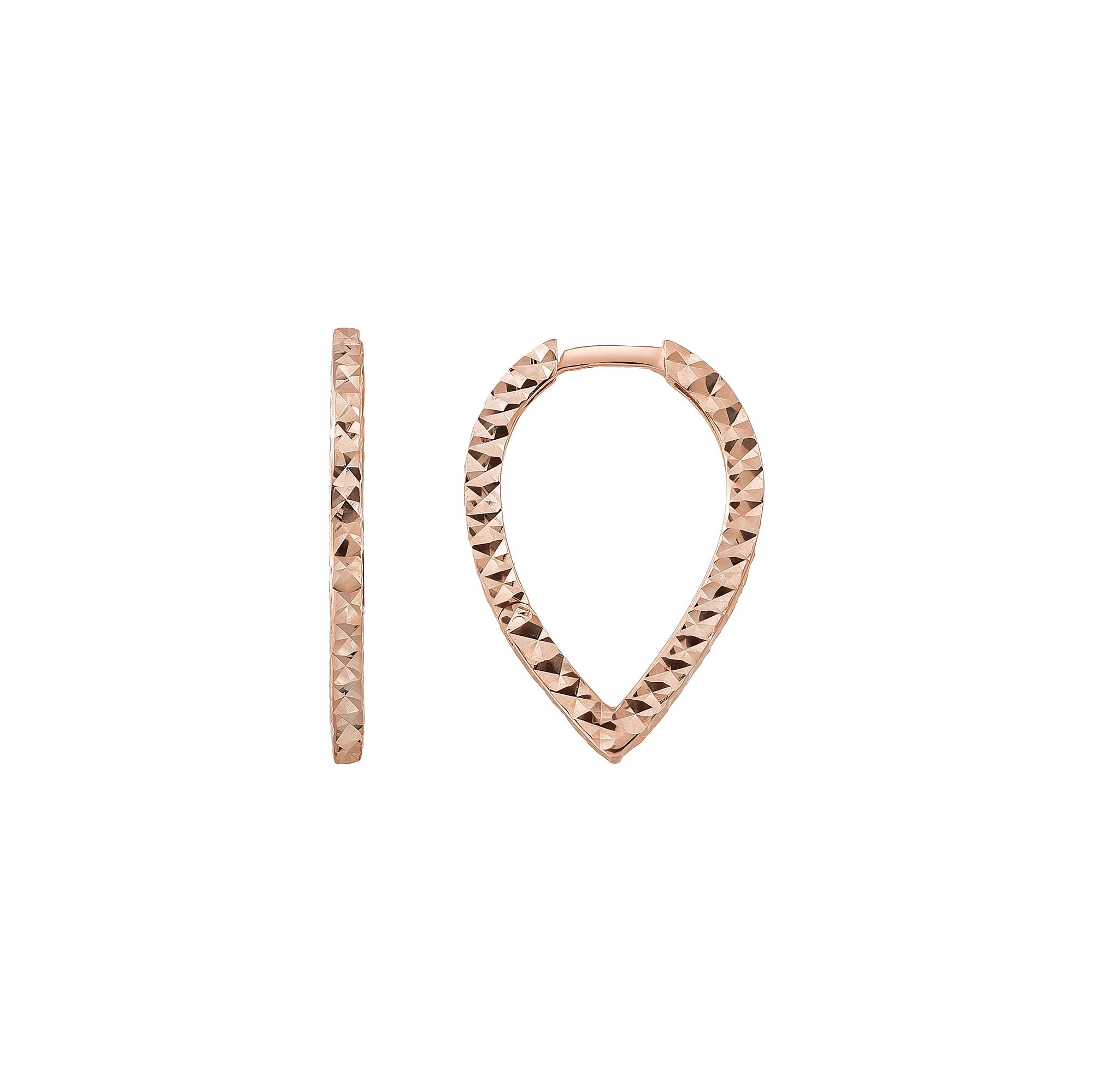 14K Gold Teardrop Triangle Hoop Earrings – Hinged Huggies Diamond Cut - Single (1 Earring) / 14K Rose Gold - Hoop