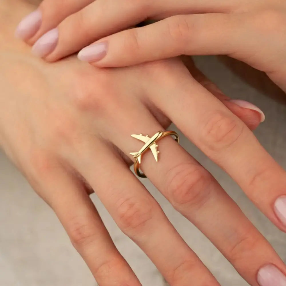 14K Handmade Airplane Ring Unique Gold Travel Lover’s Design with Polished Finish