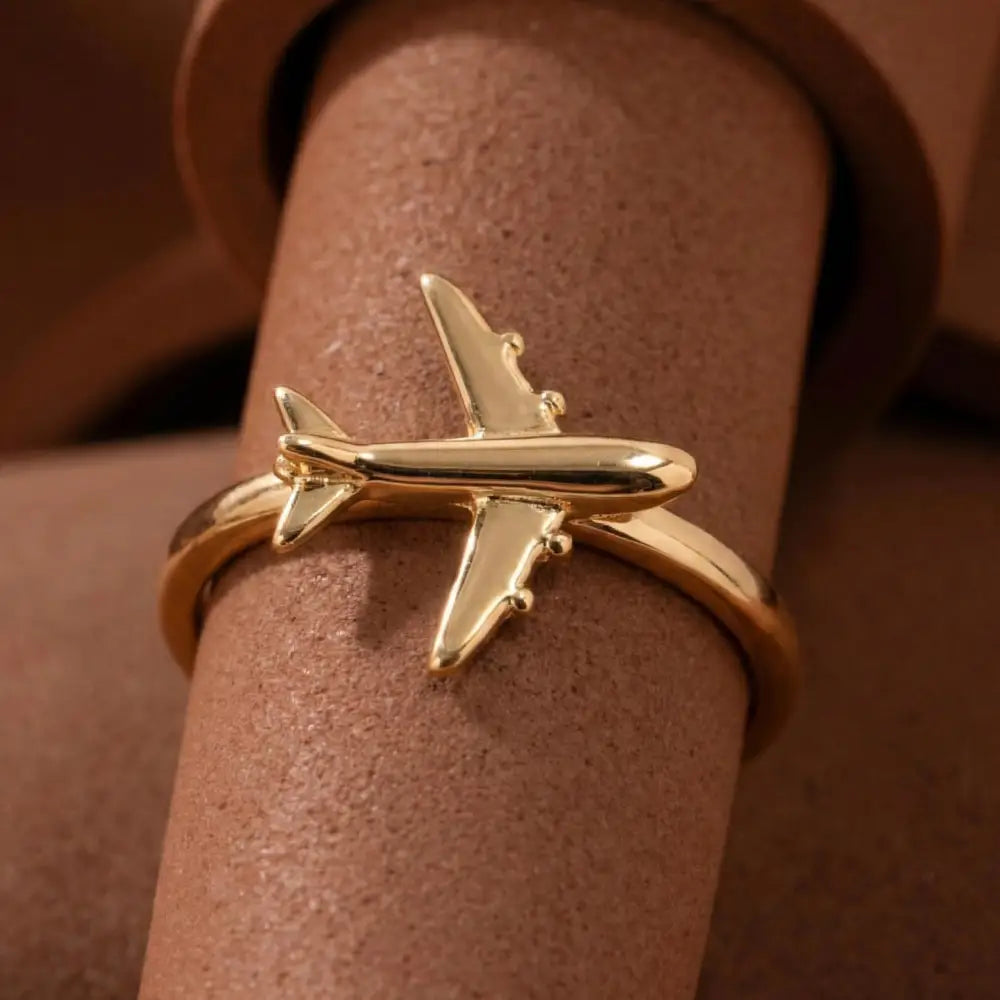 14K Handmade Airplane Ring Unique Gold Travel Lover’s Design with Polished Finish