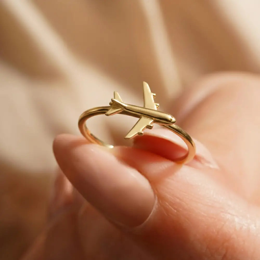 14K Handmade Airplane Ring Unique Gold Travel Lover’s Design with Polished Finish