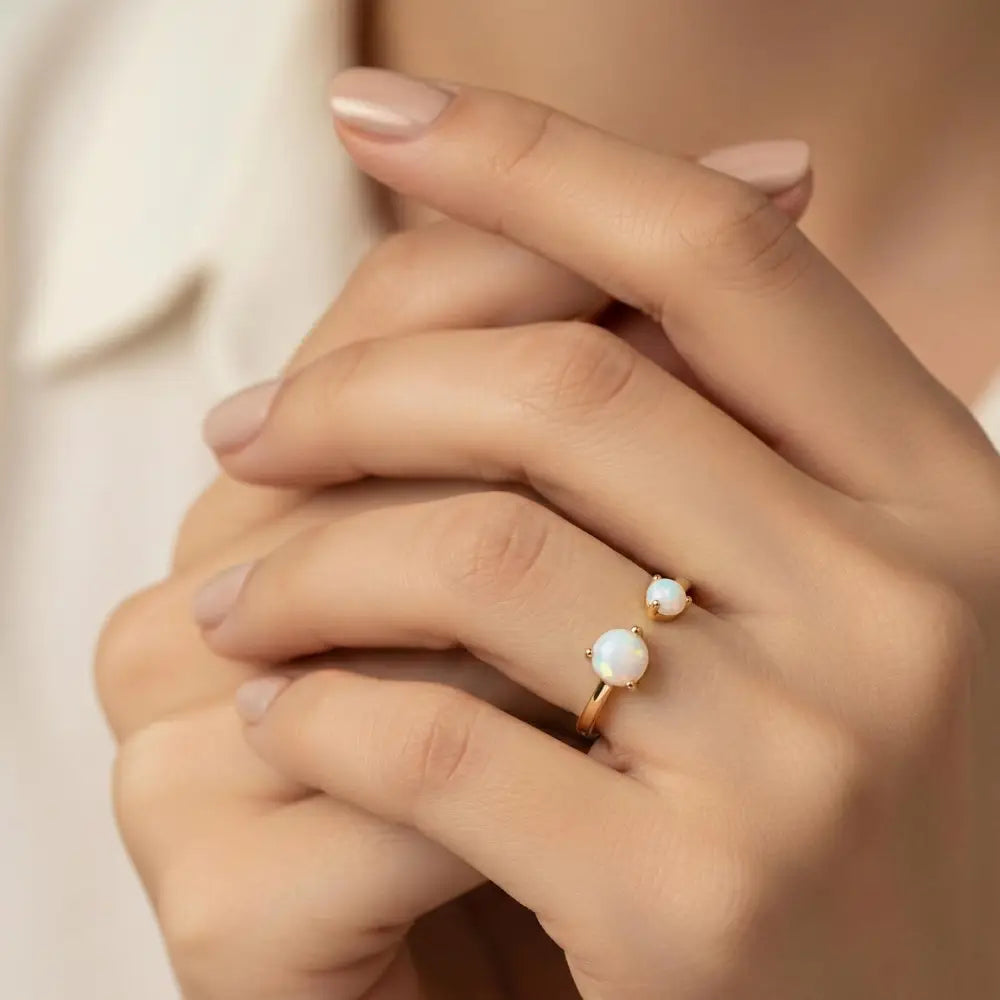 14K Handmade Double Moonstone Open Ring Adjustable Gold Band with Natural Iridescent Gemstones