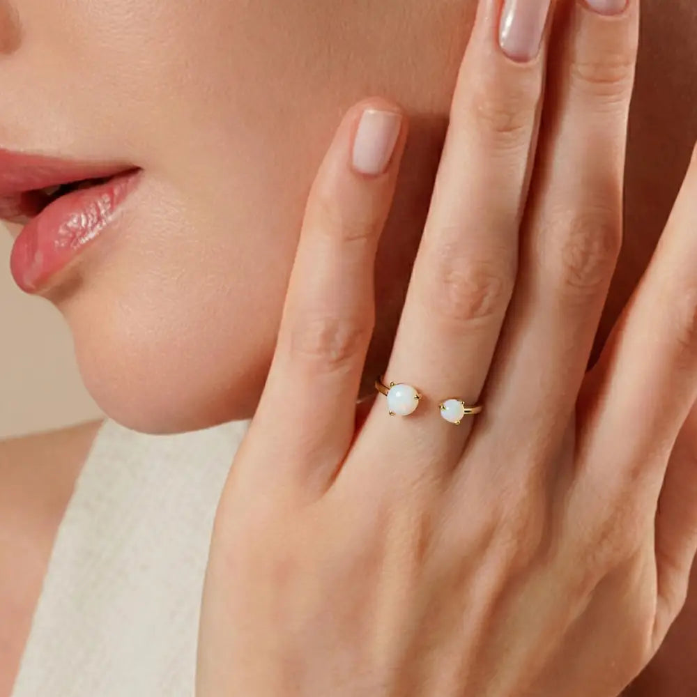14K Handmade Double Moonstone Open Ring Adjustable Gold Band with Natural Iridescent Gemstones