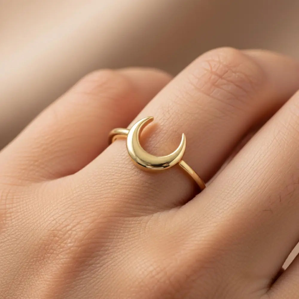 14K Handmade Gold Crescent Moon Ring Minimal Celestial Design with Elegant Curved Silhouette