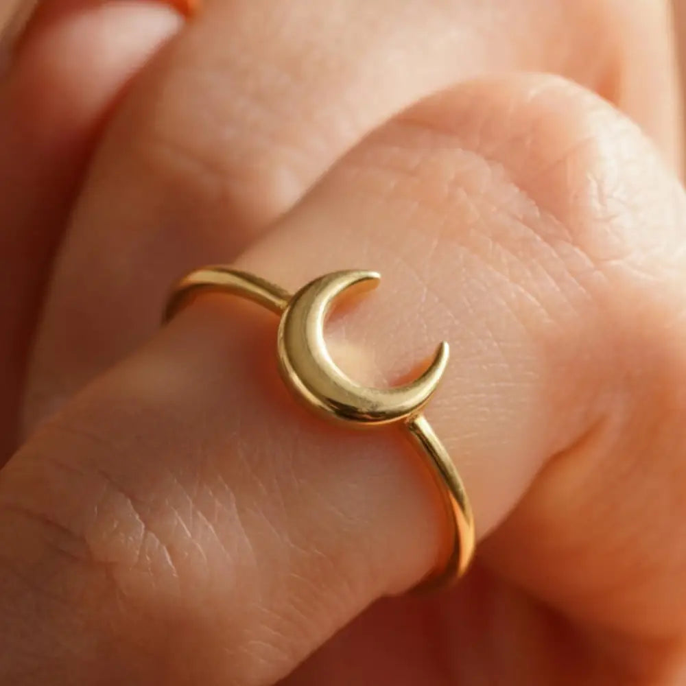 14K Handmade Gold Crescent Moon Ring Minimal Celestial Design with Elegant Curved Silhouette