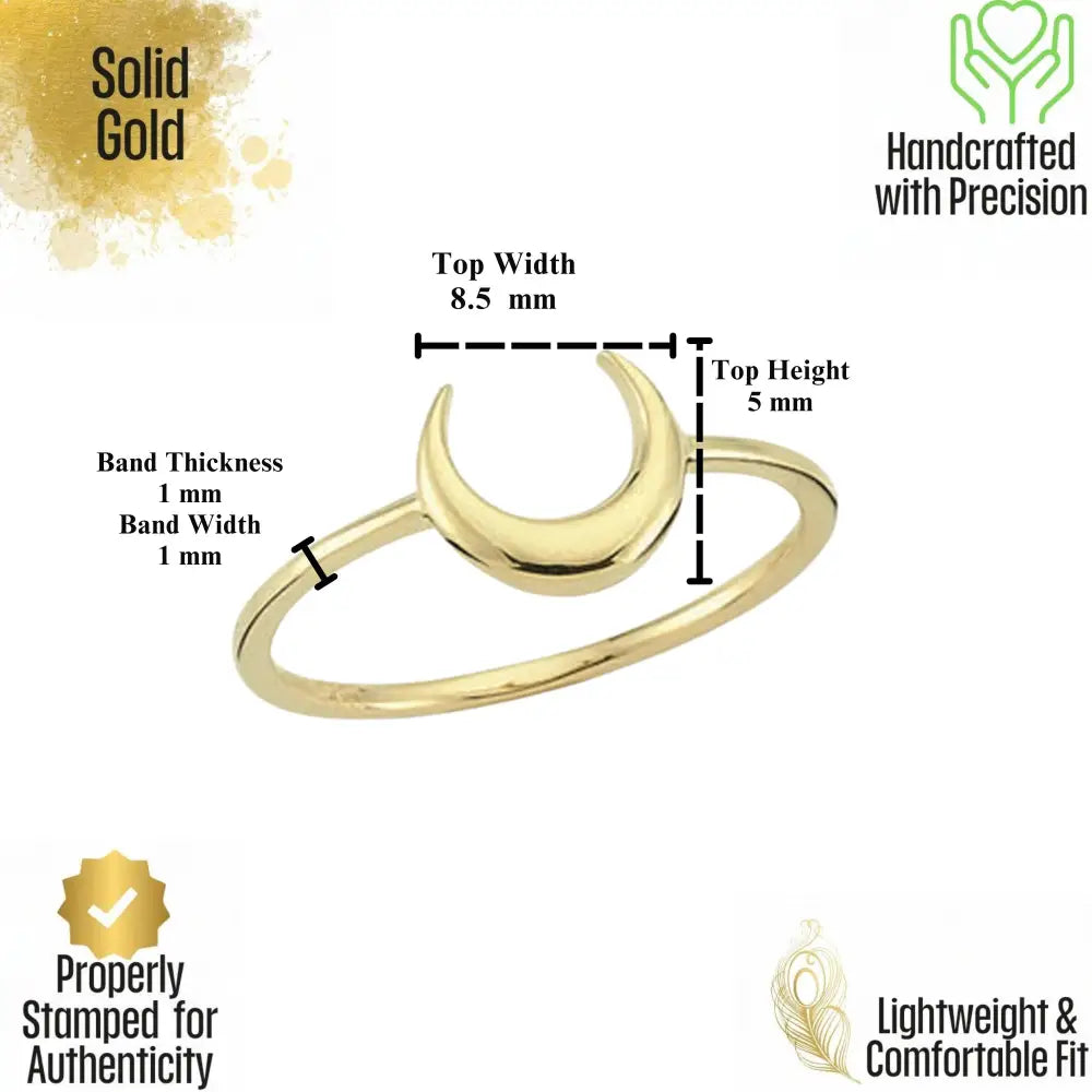 14K Handmade Gold Crescent Moon Ring Minimal Celestial Design with Elegant Curved Silhouette