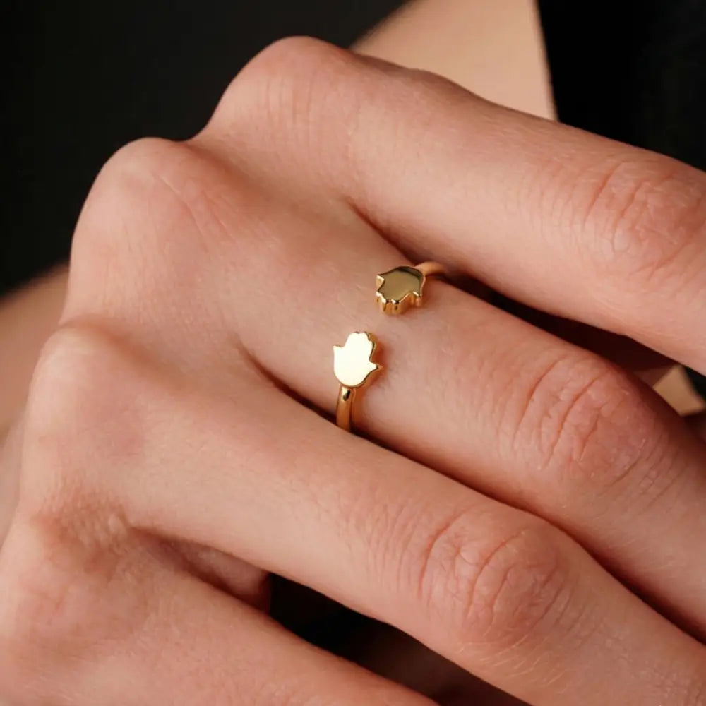 14K Handmade Gold Double Hamsa Ring Minimalist Adjustable Protective Open Band Design - Jewelry