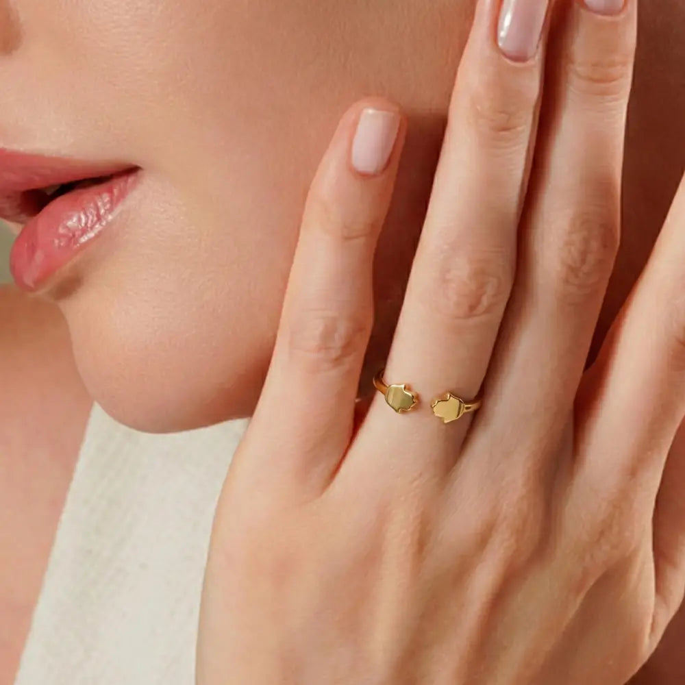 14K Handmade Gold Double Hamsa Ring Minimalist Adjustable Protective Open Band Design - Jewelry