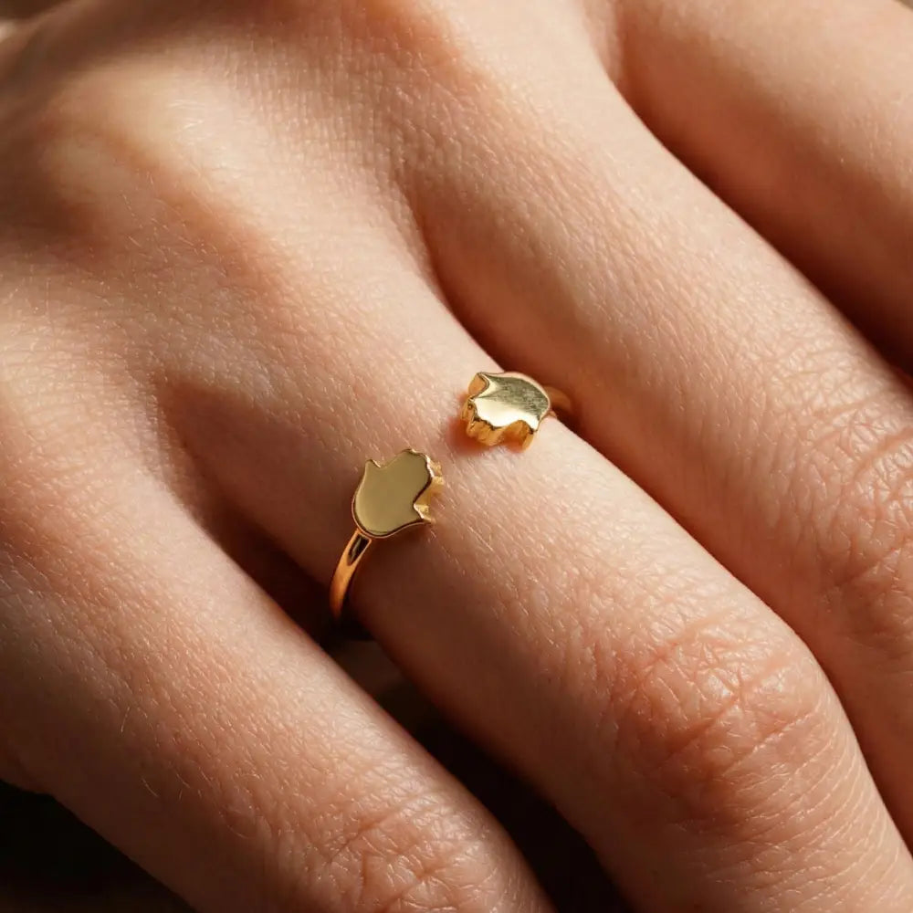 14K Handmade Gold Double Hamsa Ring Minimalist Adjustable Protective Open Band Design - Jewelry