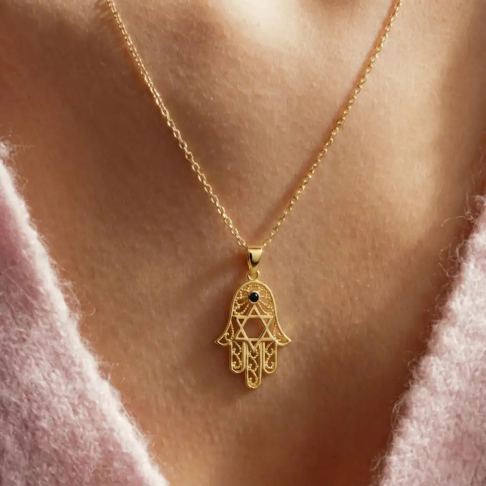 14K Handmade Gold Hamsa Hand Necklace With Star Of David Stone Protective Amulet Pendant - Jewelry