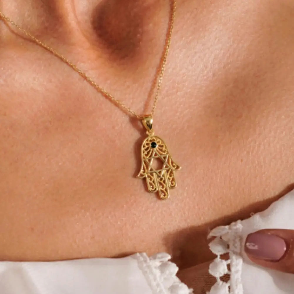 14K Handmade Gold Hamsa Hand Necklace With Star Of David Stone Protective Amulet Pendant - Jewelry