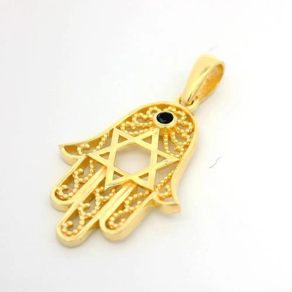 14K Handmade Gold Hamsa Hand Necklace With Star Of David Stone Protective Amulet Pendant - Jewelry