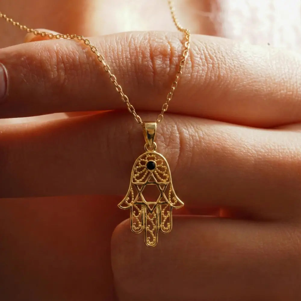 14K Handmade Gold Hamsa Hand Necklace With Star Of David Stone Protective Amulet Pendant - Jewelry