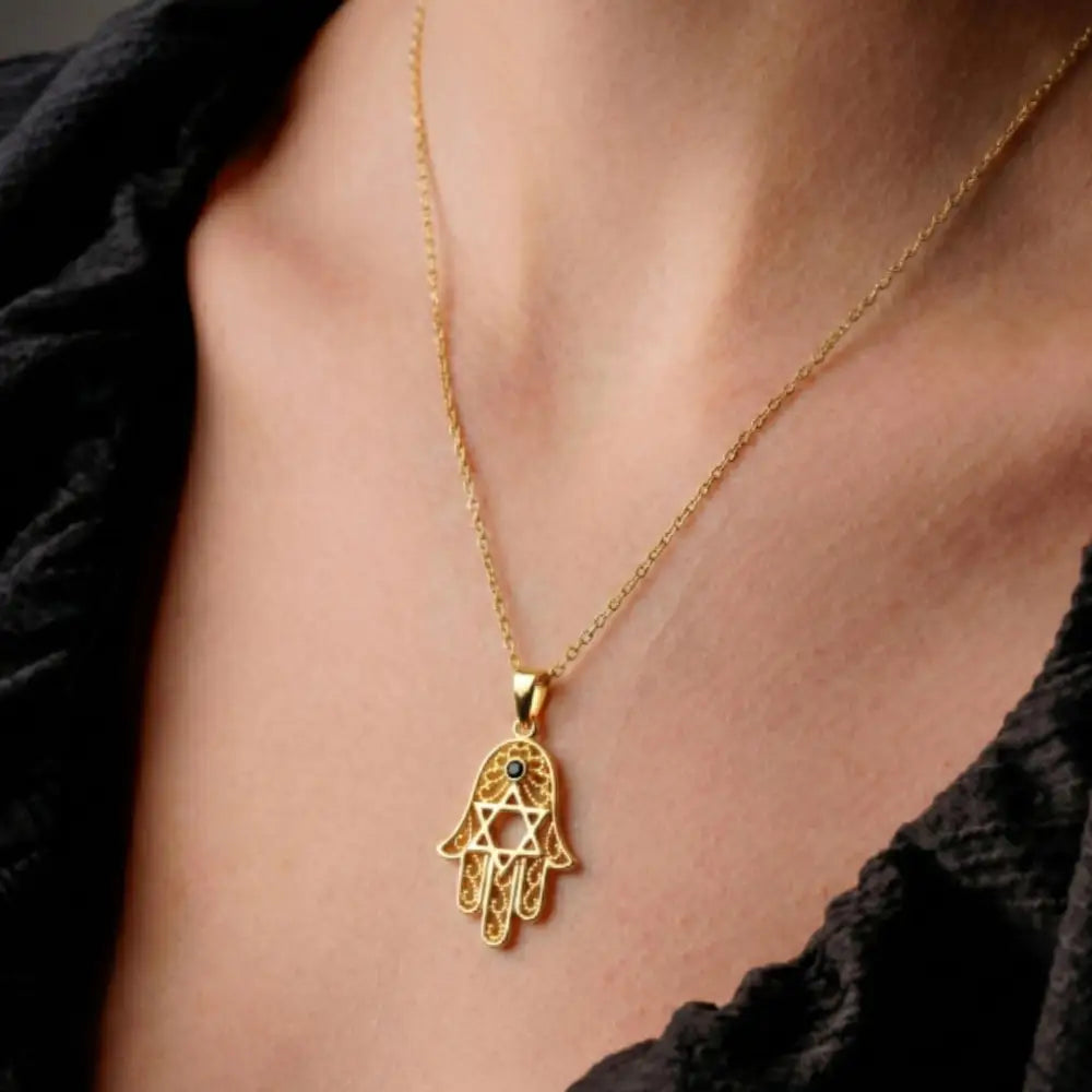 14K Handmade Gold Hamsa Hand Necklace With Star Of David Stone Protective Amulet Pendant - Jewelry