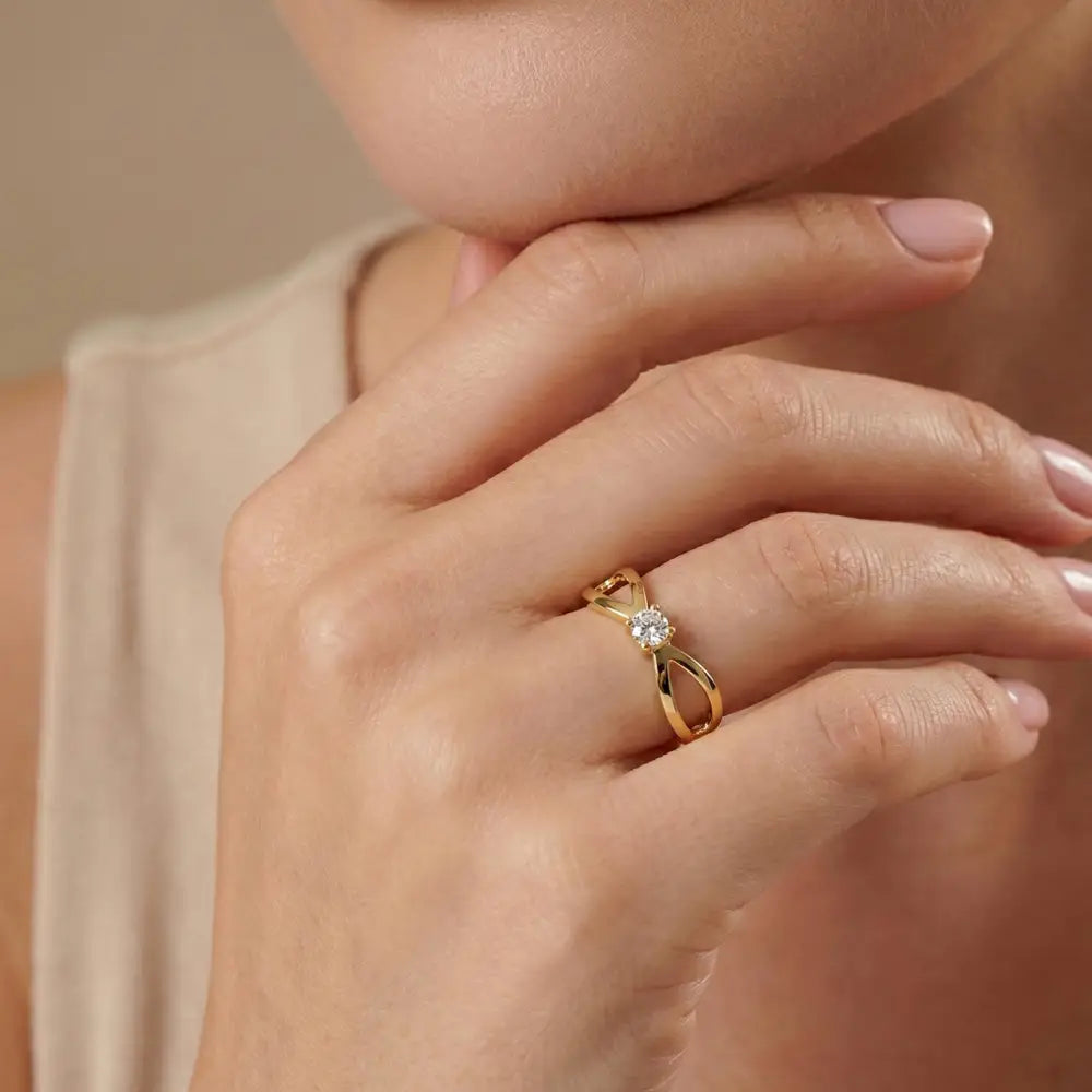 14K Handmade Gold Infinity Ring with CZ Stone Modern Open Shank Solitaire Design