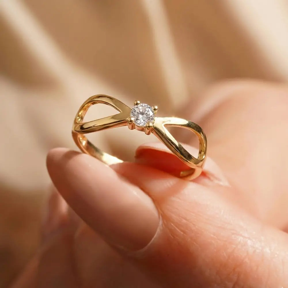 14K Handmade Gold Infinity Ring with CZ Stone Modern Open Shank Solitaire Design