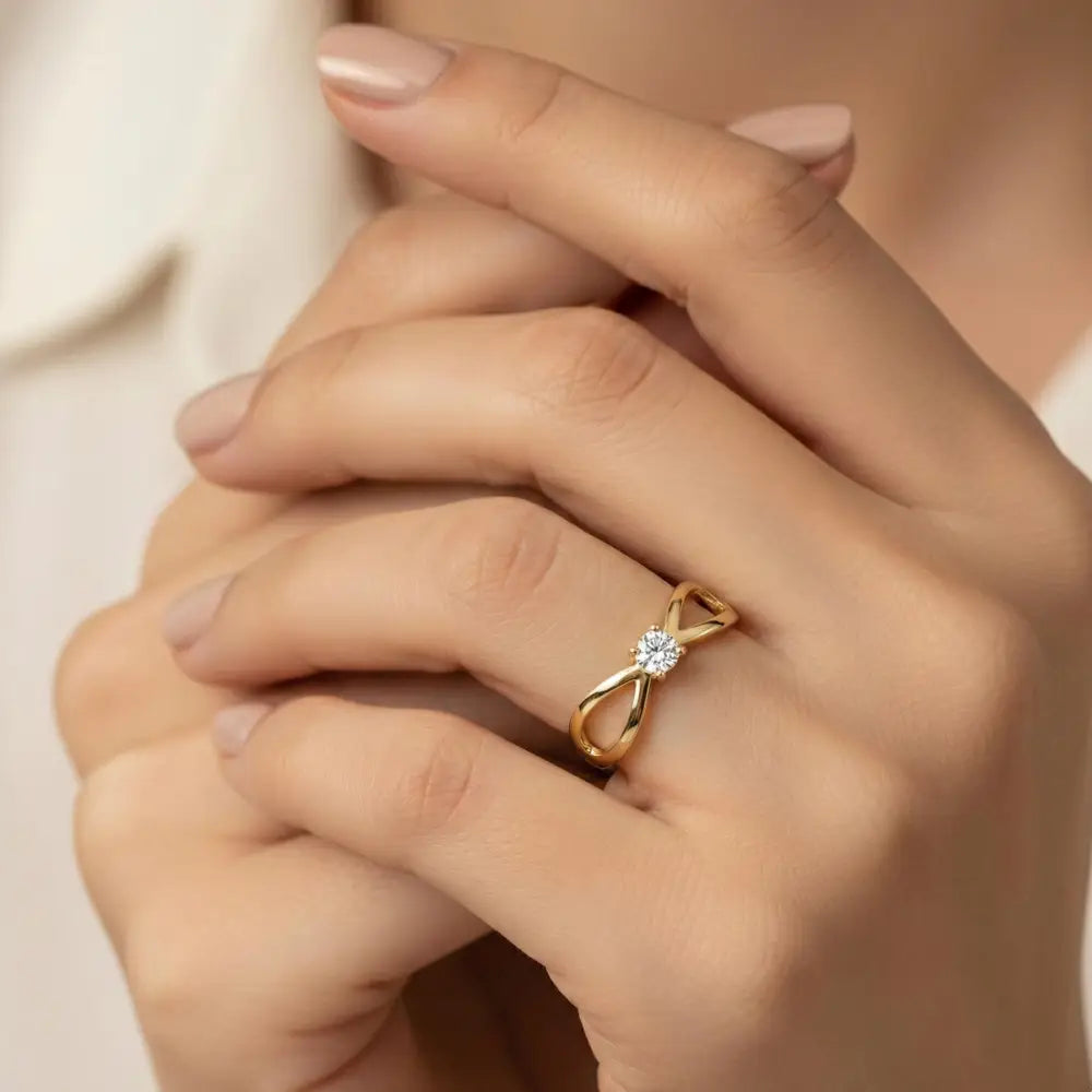 14K Handmade Gold Infinity Ring with CZ Stone Modern Open Shank Solitaire Design