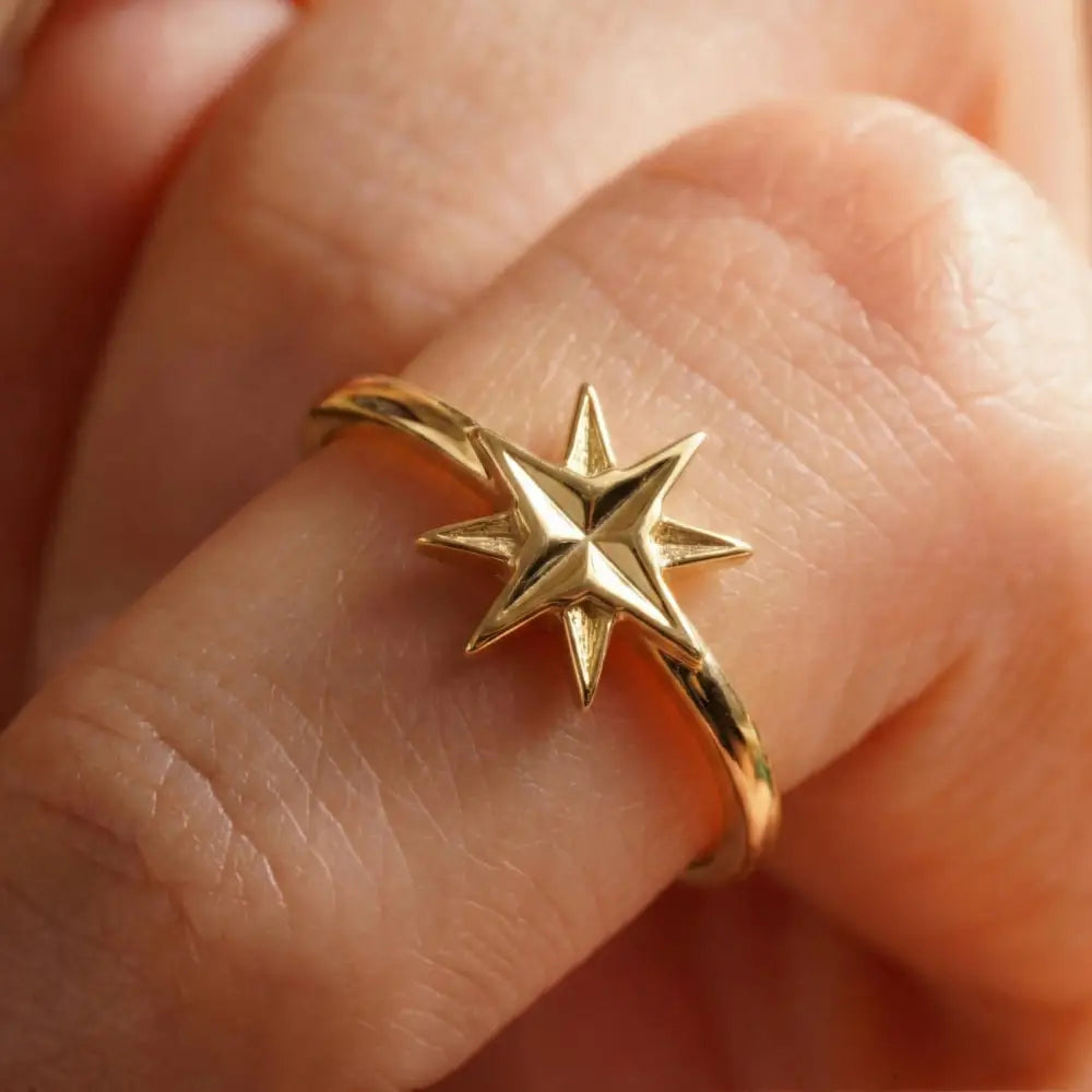 14K Handmade Gold North Star Ring Minimal Celestial Starburst Design with Polished Finish