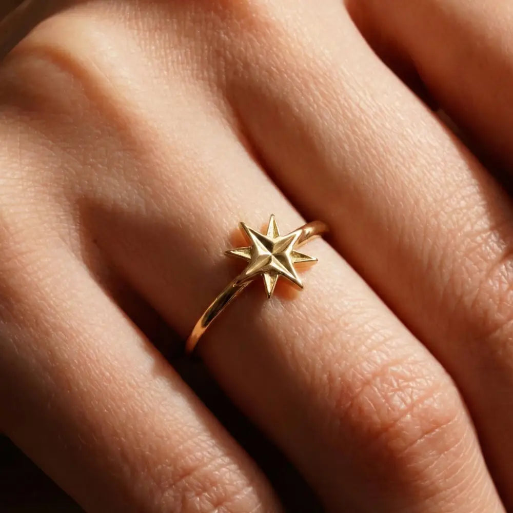 14K Handmade Gold North Star Ring Minimal Celestial Starburst Design with Polished Finish