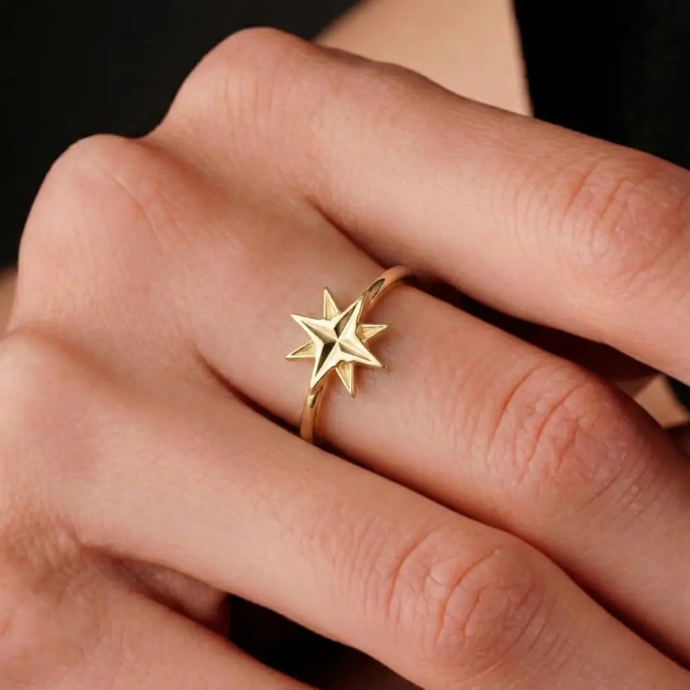 14K Handmade Gold North Star Ring Minimal Celestial Starburst Design with Polished Finish