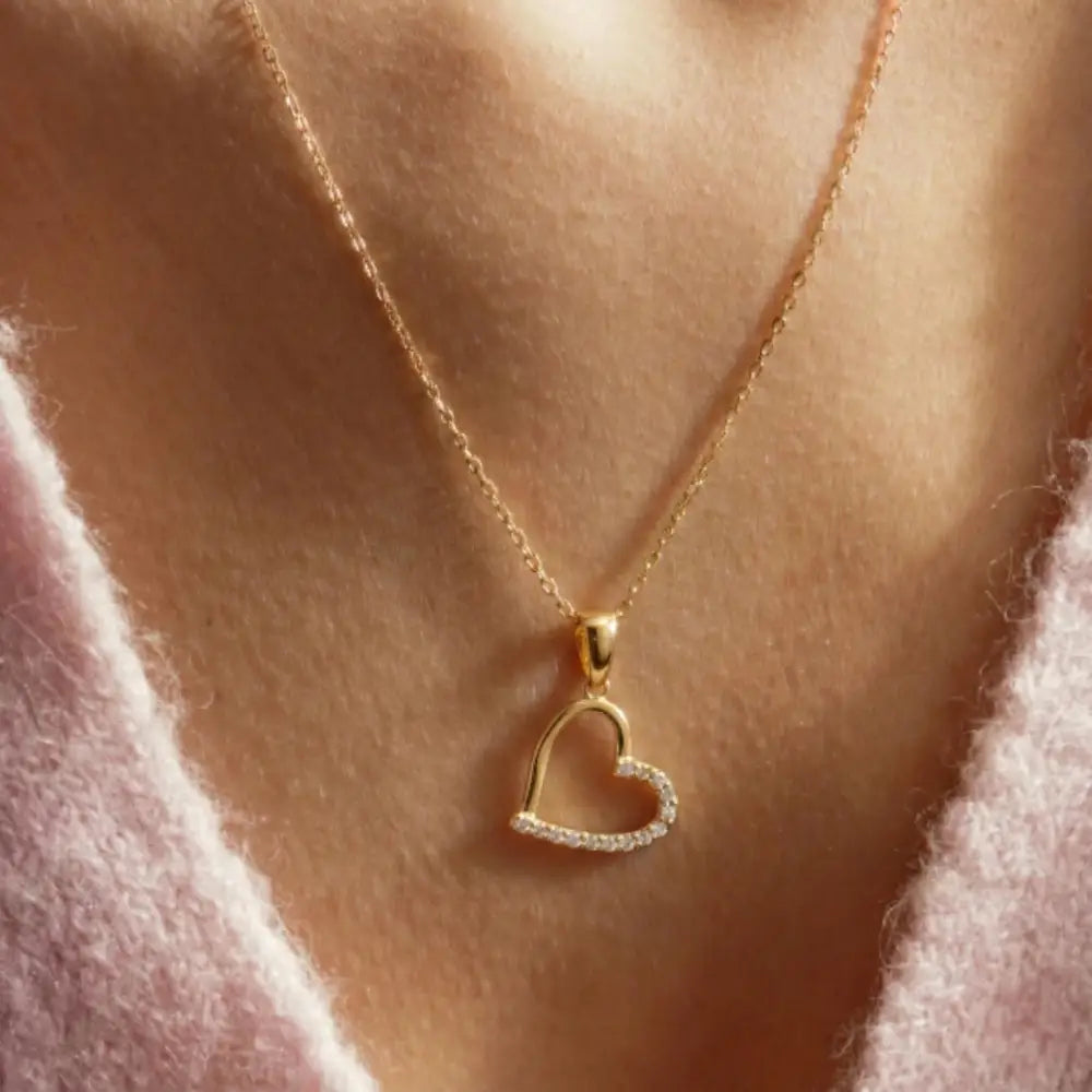 14K Handmade Gold Open Heart Necklace With Cz Stones Minimal Elegant Love Pendant - Jewelry
