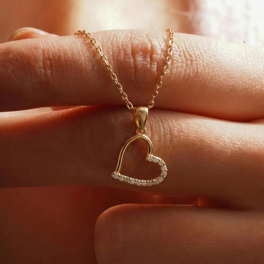 14K Handmade Gold Open Heart Necklace With Cz Stones Minimal Elegant Love Pendant - Jewelry
