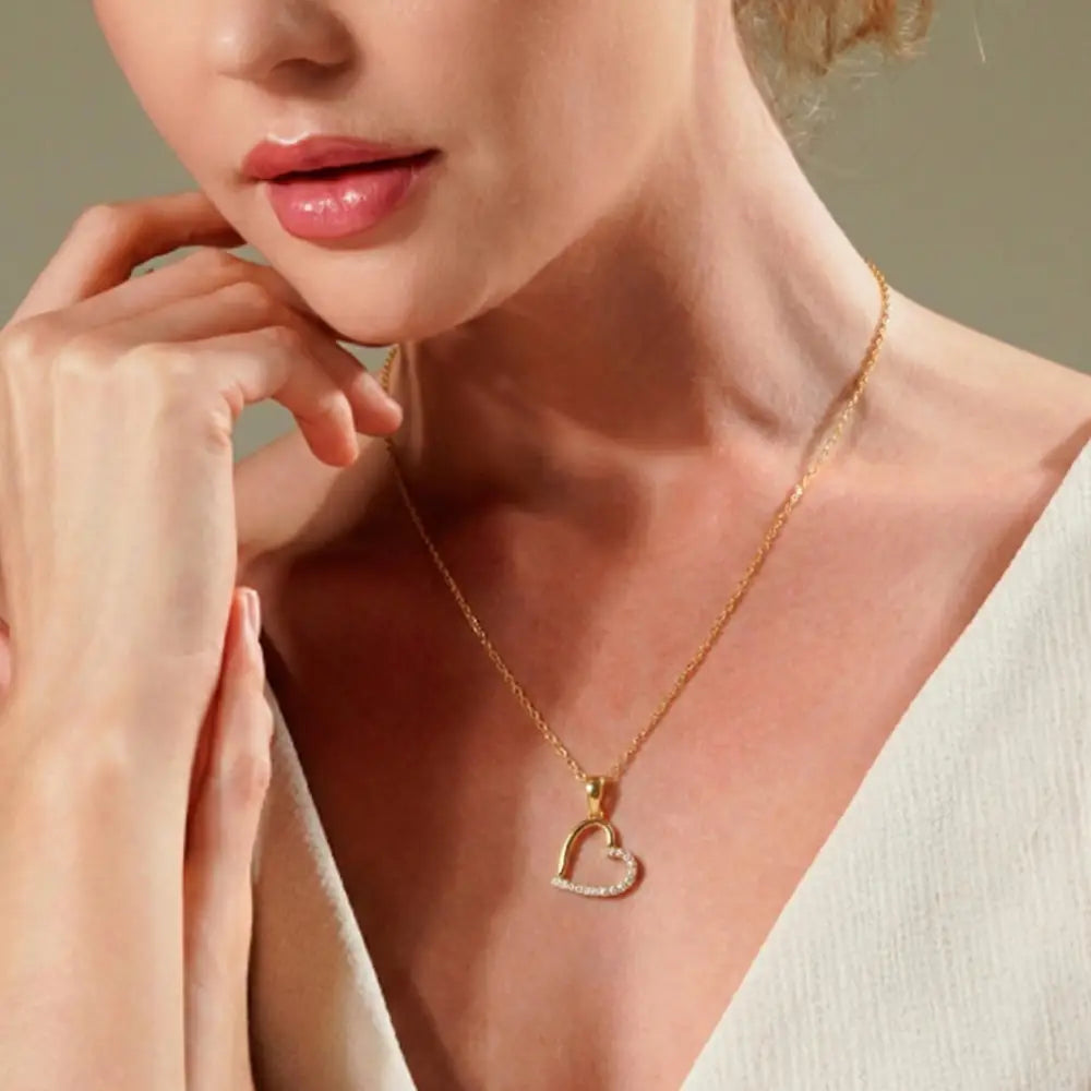 14K Handmade Gold Open Heart Necklace With Cz Stones Minimal Elegant Love Pendant - Jewelry