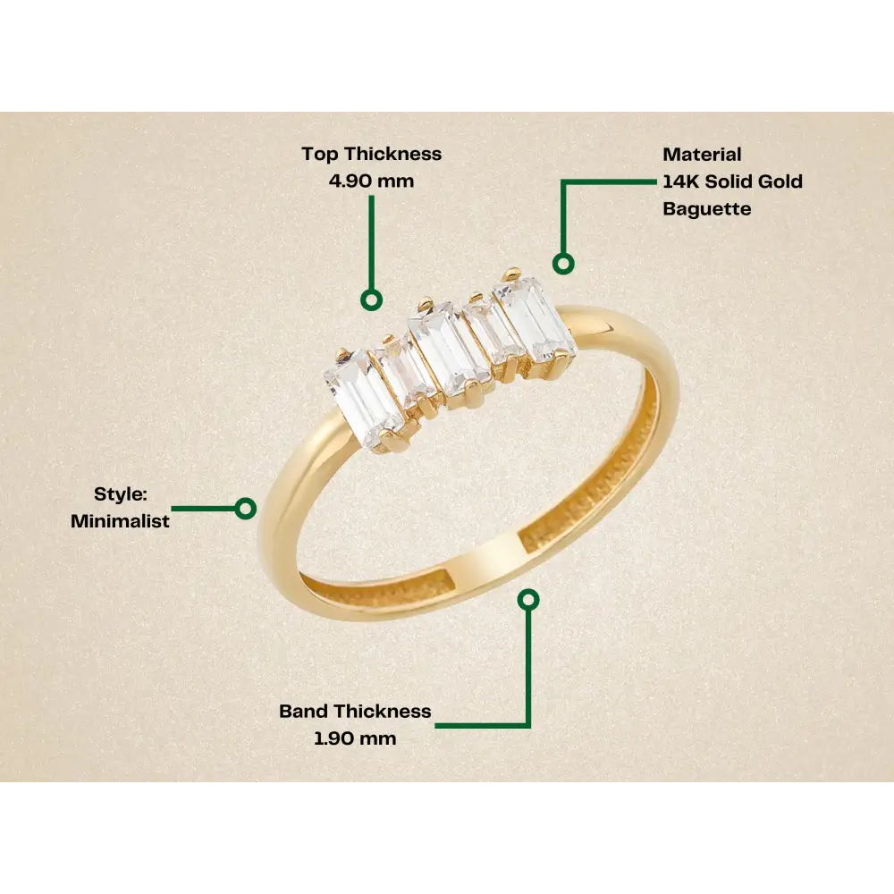 14K Handmade Gold Ring with Five Baguette Diamonds Elegant Sparkling Jewelry