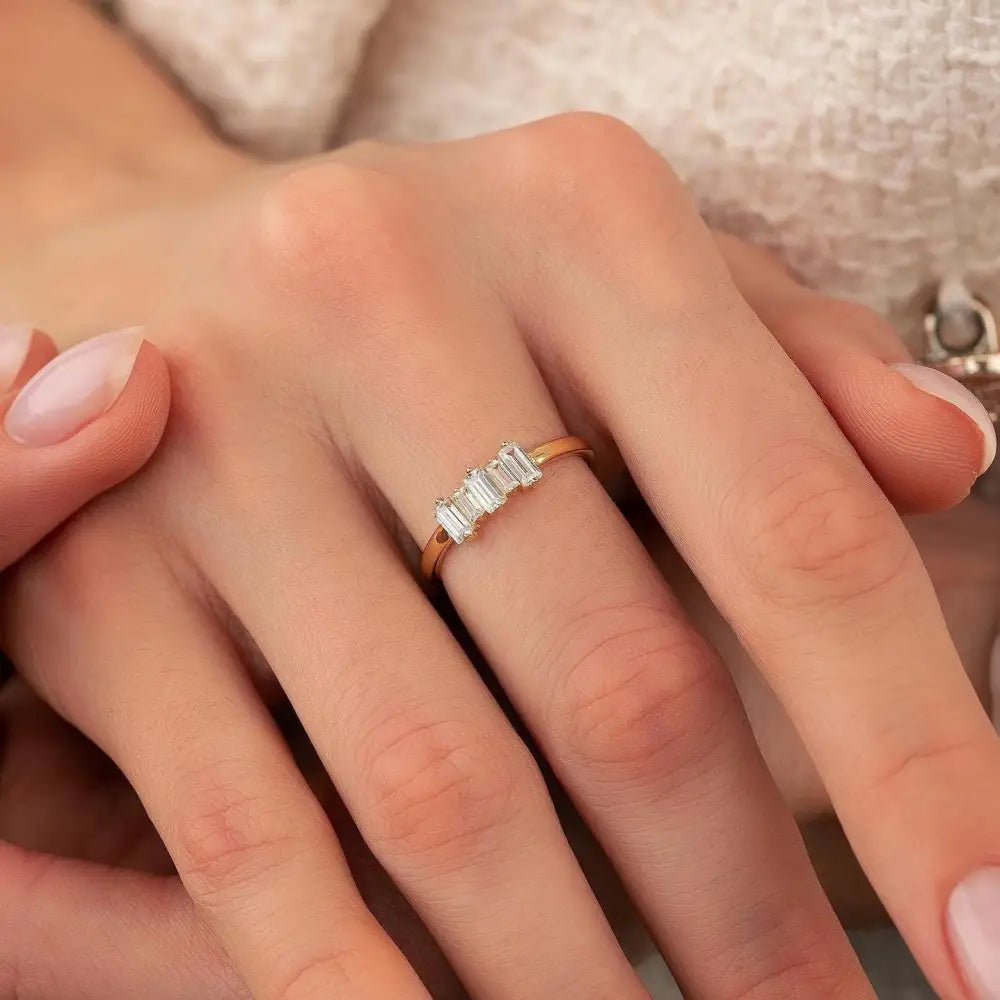 14K Handmade Gold Ring with Five Baguette Diamonds Elegant Sparkling Jewelry