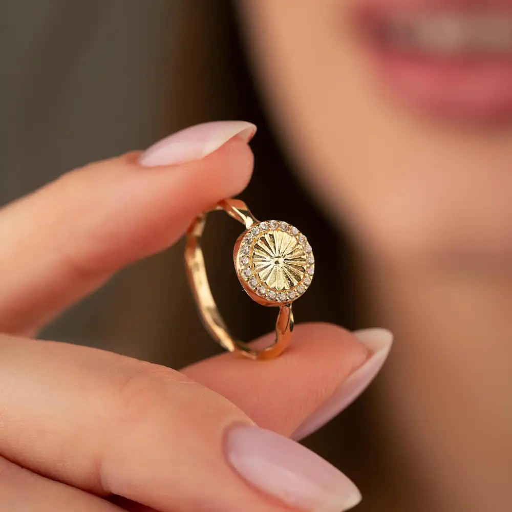 14K Handmade Gold Ring with Radiant Center & Diamond Halo Elegant Sparkling Jewelry