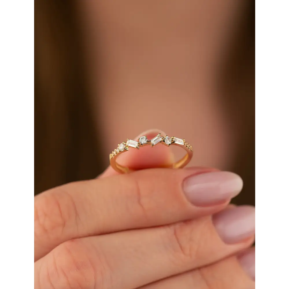 14K Handmade Gold Ring with Round and Baguette Diamonds Elegant Diamond Band for Women