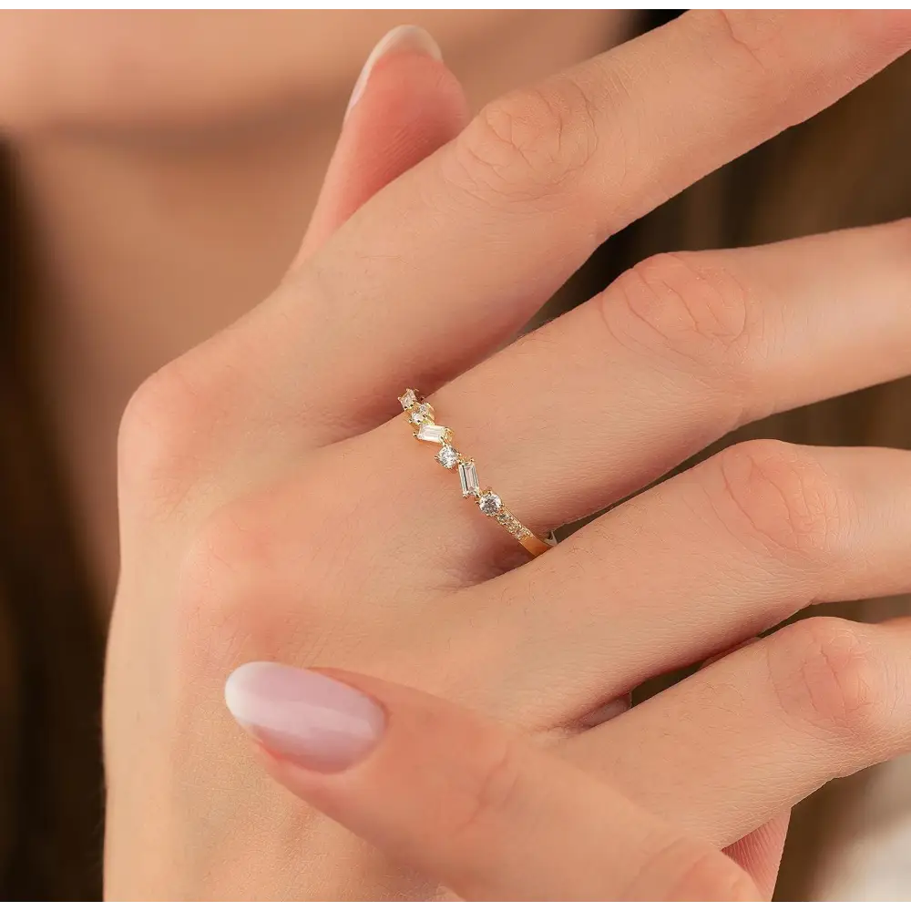 14K Handmade Gold Ring with Round and Baguette Diamonds Elegant Diamond Band for Women