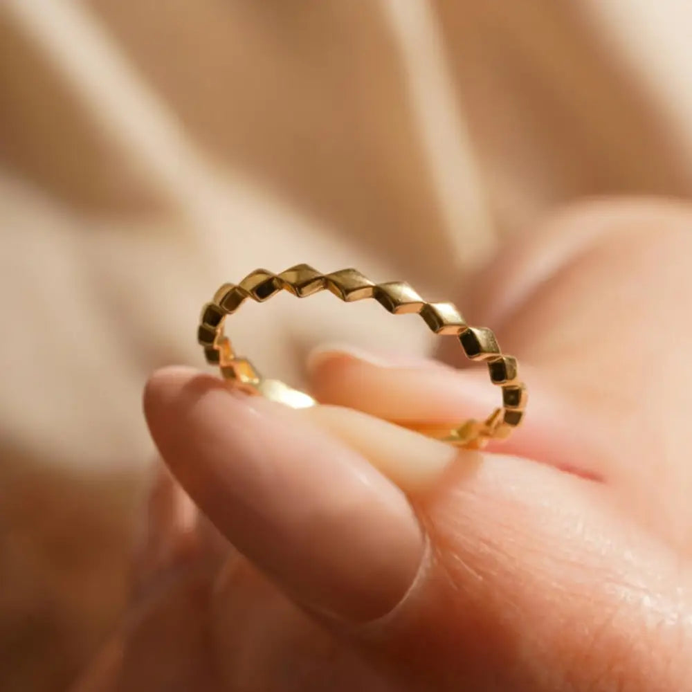 14K Handmade Gold Textured Band Ring Minimal Geometric Block Design with Modern Sculpted Finish