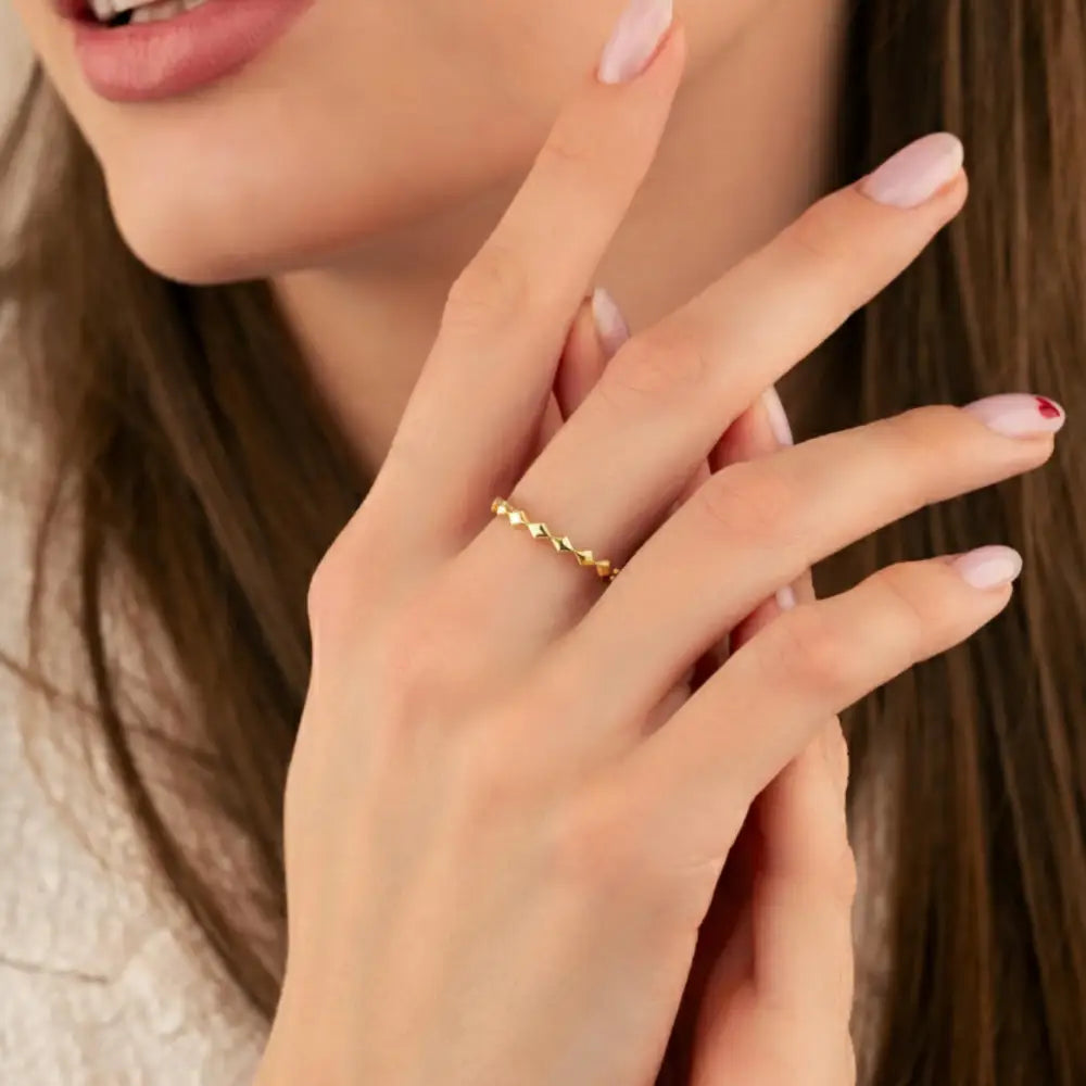 14K Handmade Gold Textured Band Ring Minimal Geometric Block Design with Modern Sculpted Finish