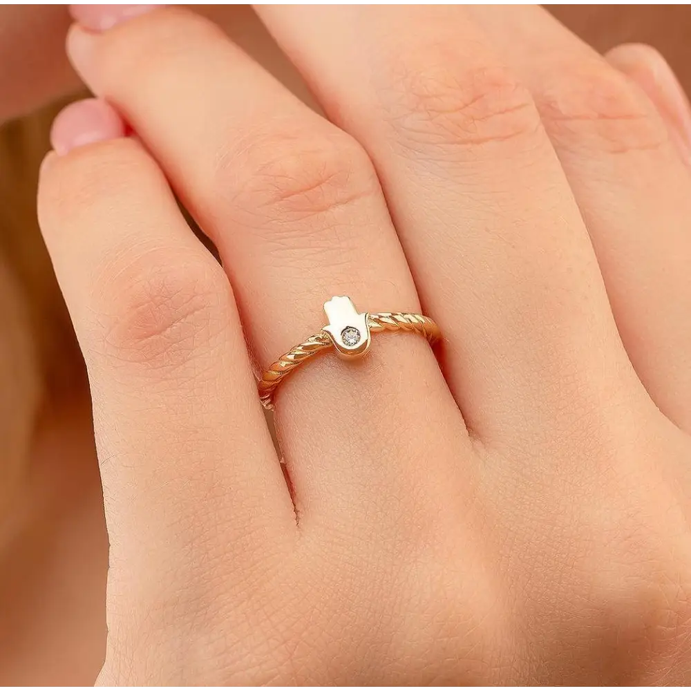 14K Handmade Gold Twisted Rope Ring with Hamsa and Diamond Protection Jewelry for Women