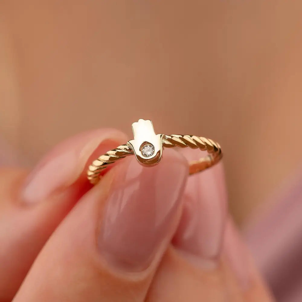 14K Handmade Gold Twisted Rope Ring with Hamsa and Diamond Protection Jewelry for Women